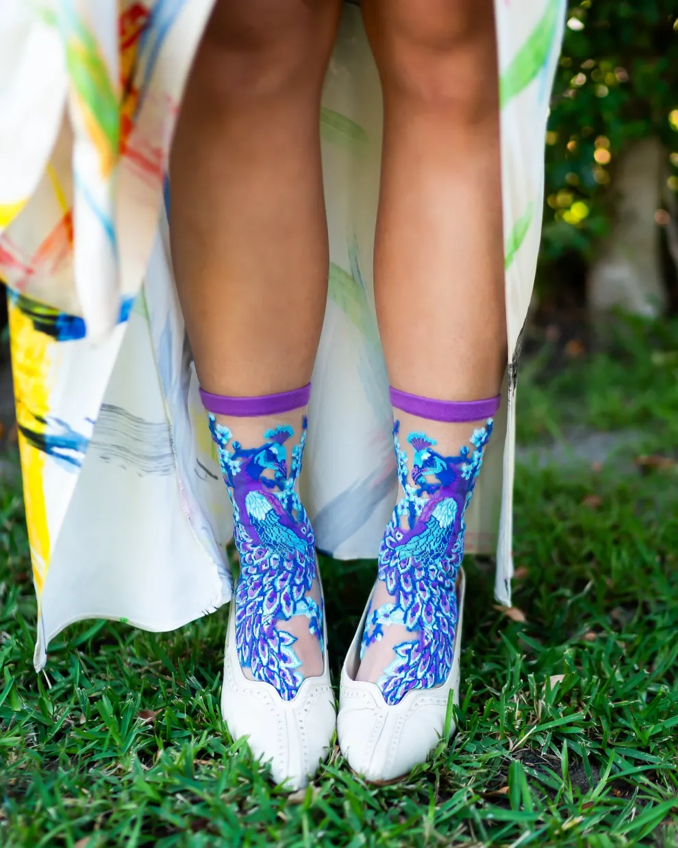 Aquamarine Peacock Sheer Crew Sock