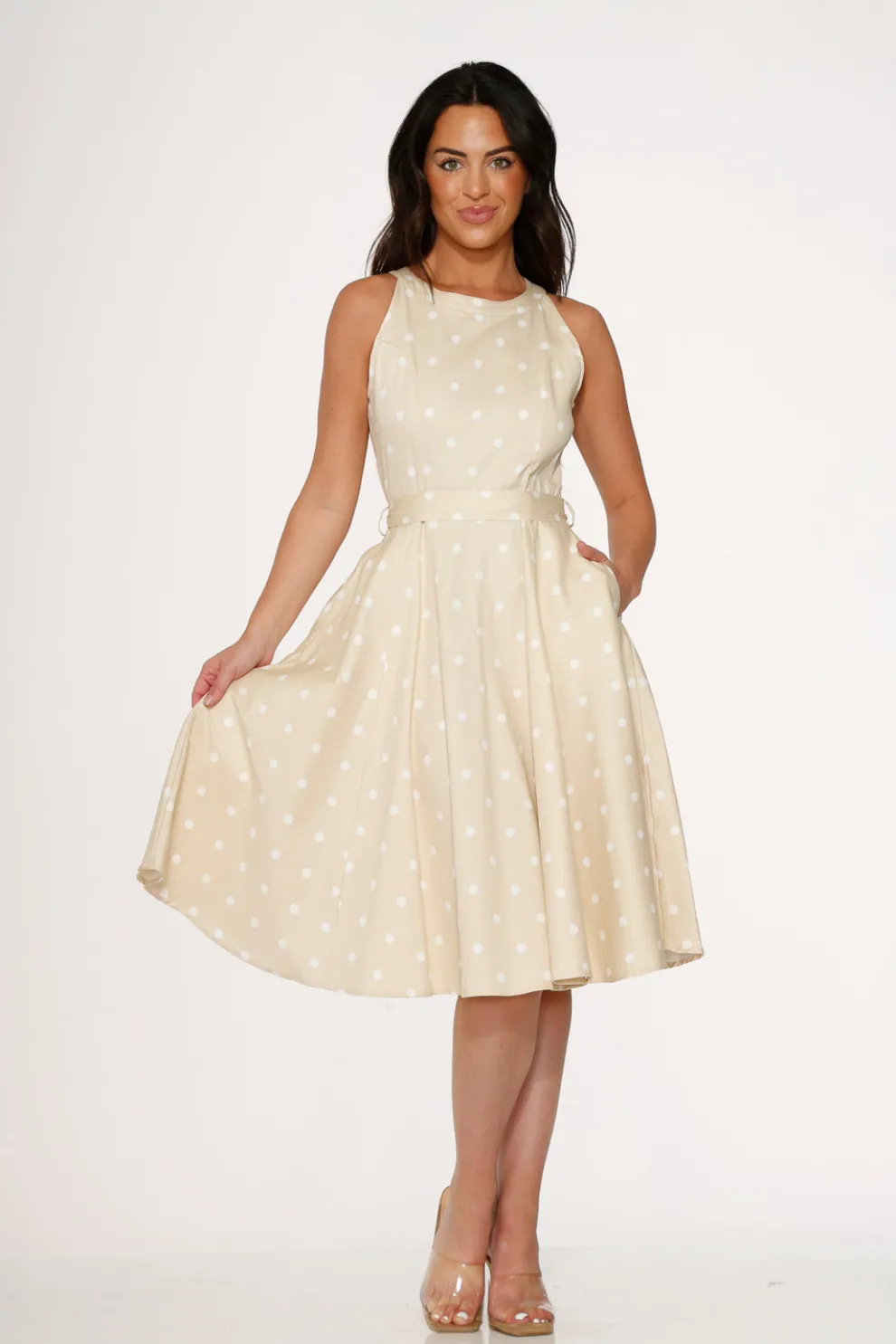 Beige & White Polka Dot Swing Dress