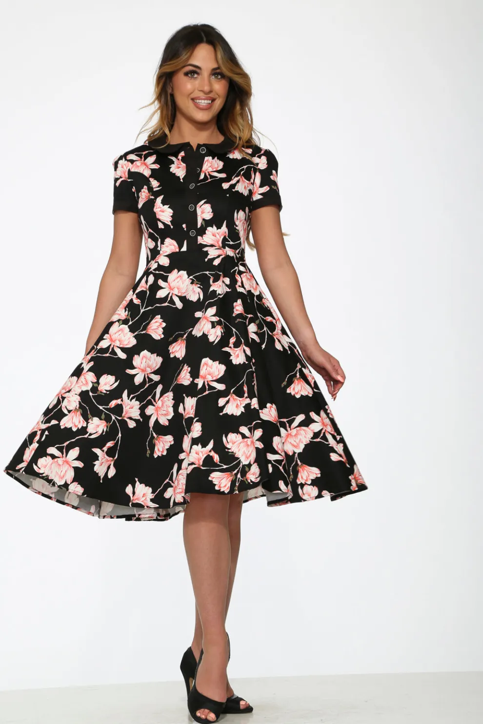 Black & Pink Floral Swing Dress