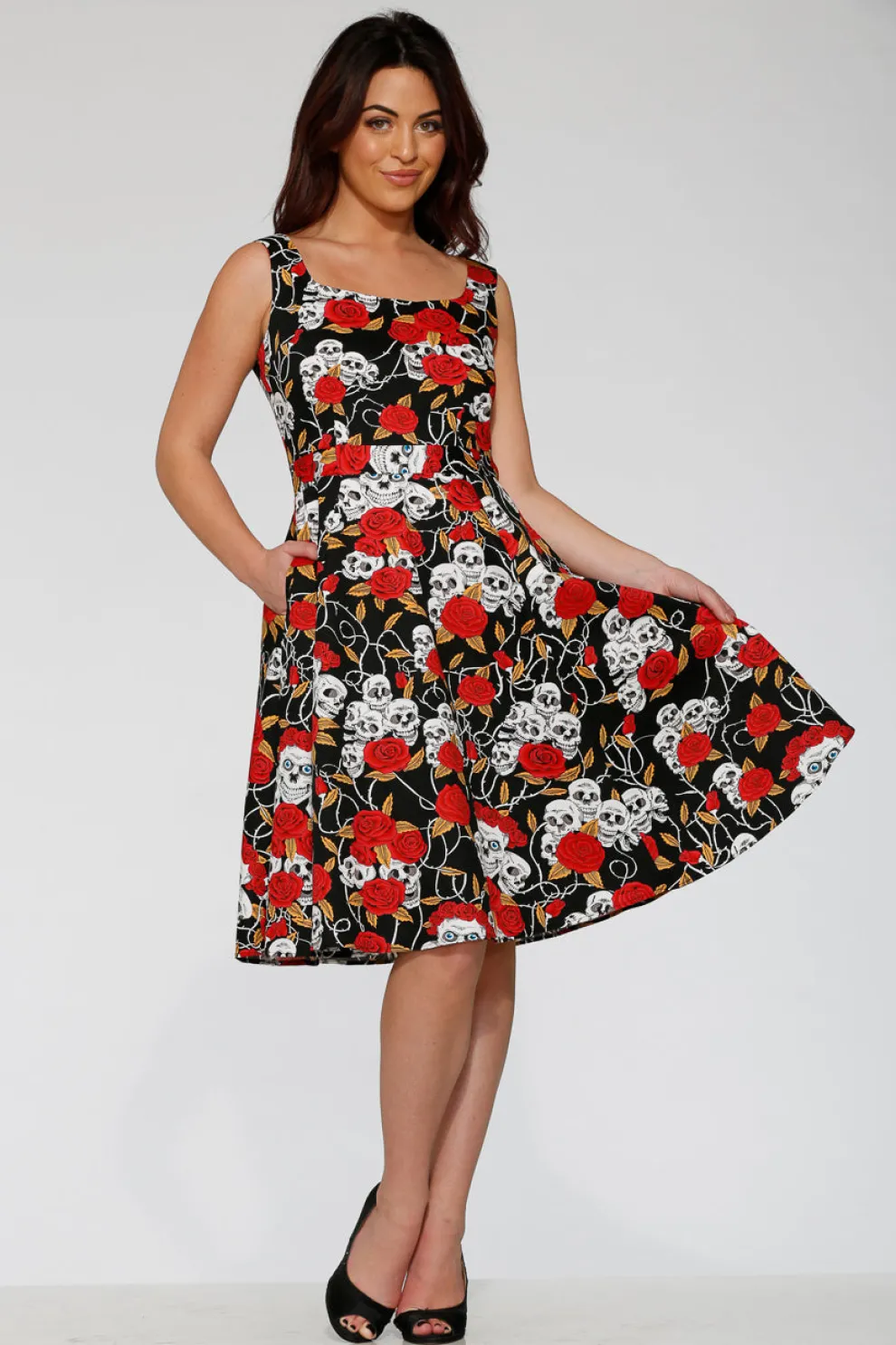 Black & Red Rose Skulls Swing Dress