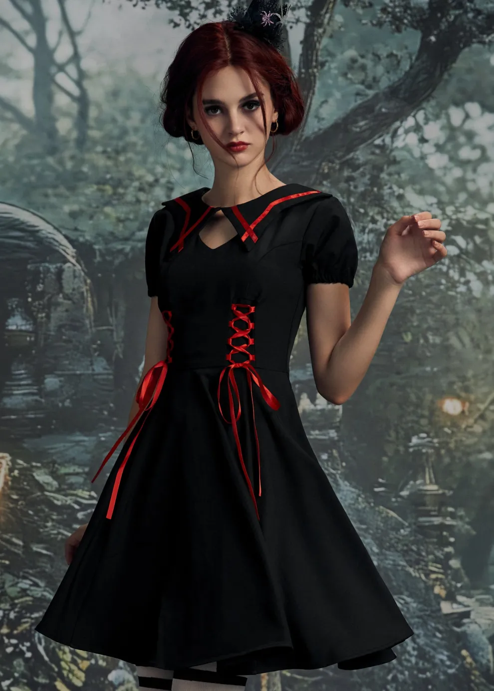 Black & Red Trim Gothic Swing Dress
