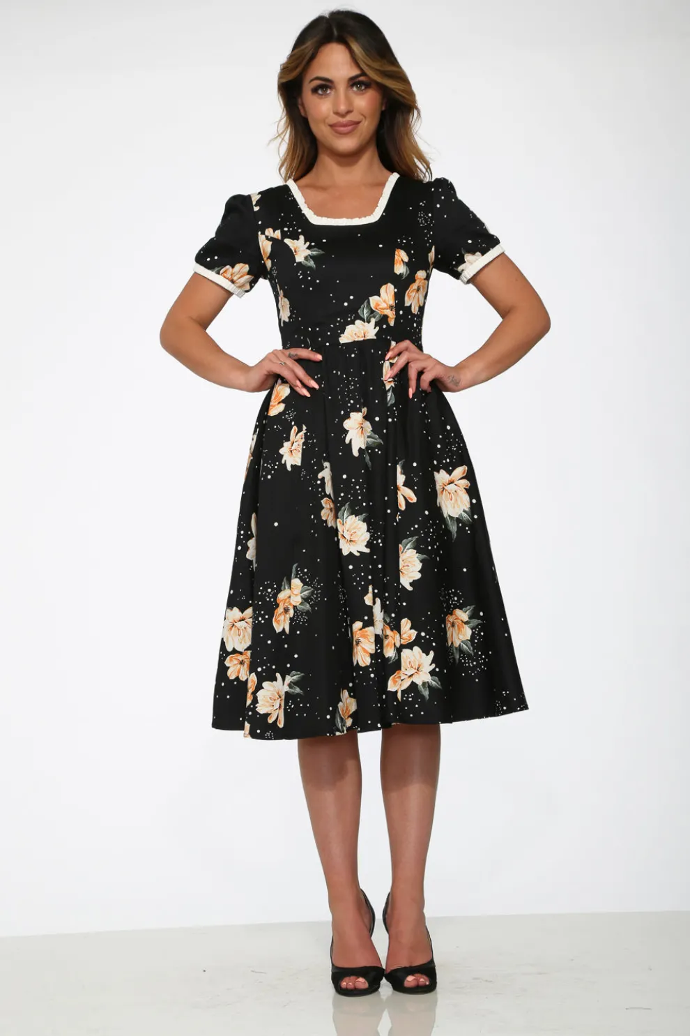 Black & Yellow Floral Swing Dress