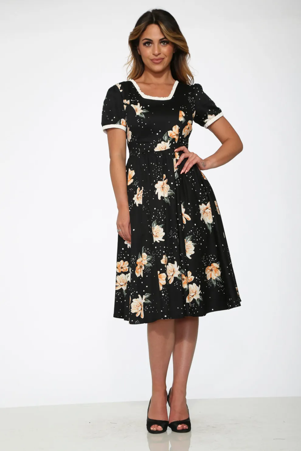 Black & Yellow Floral Swing Dress