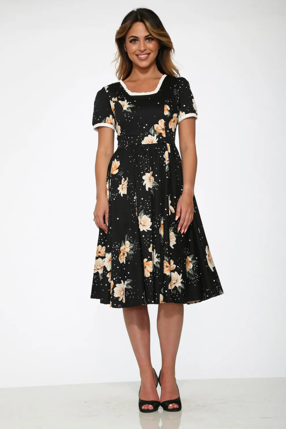 Black & Yellow Floral Swing Dress