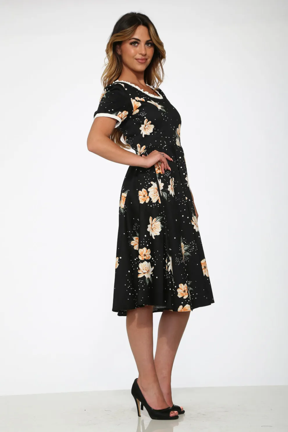 Black & Yellow Floral Swing Dress