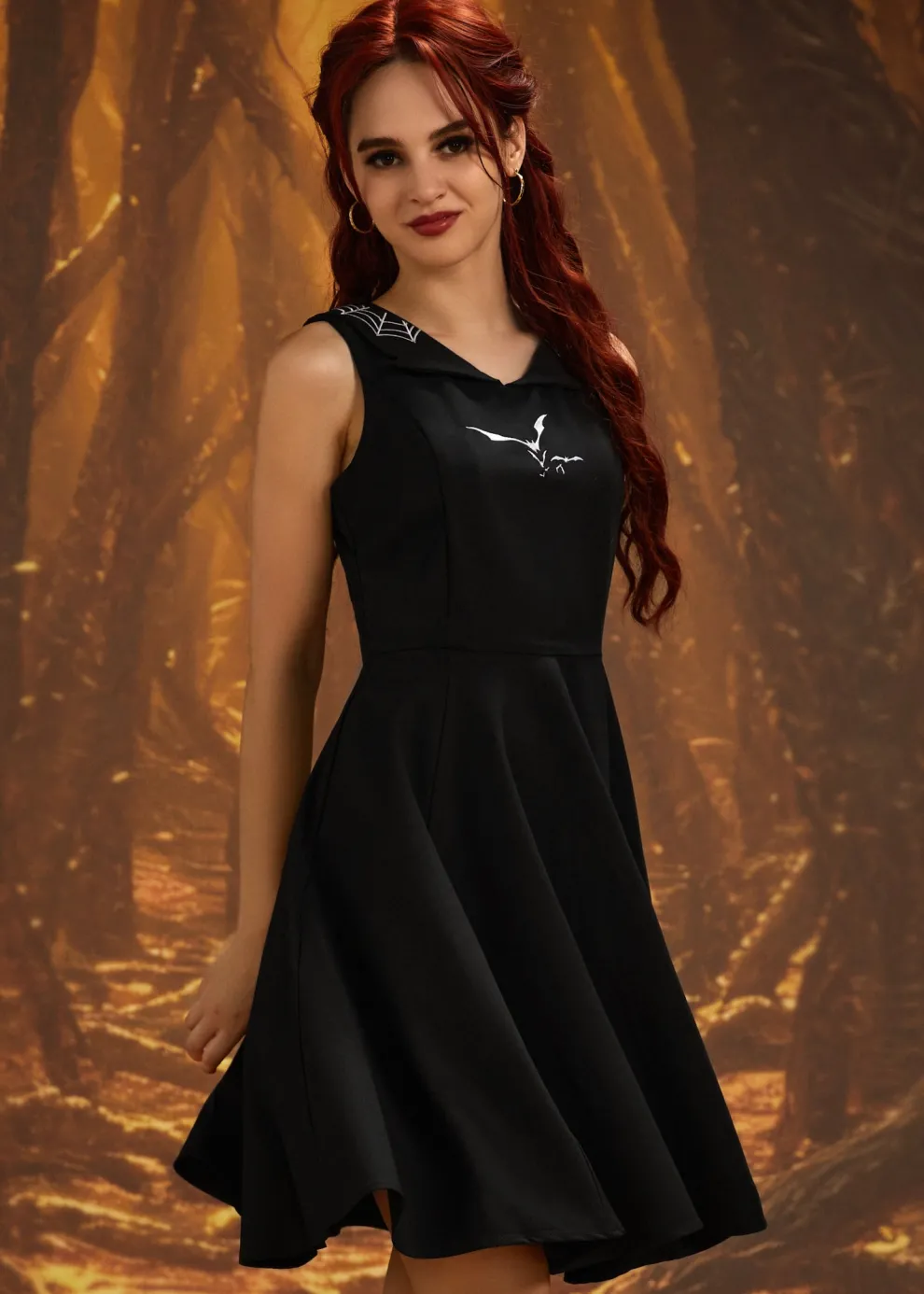 Black Bat Embroidered Swing Dress