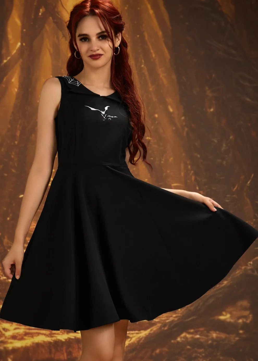 Black Bat Embroidered Swing Dress