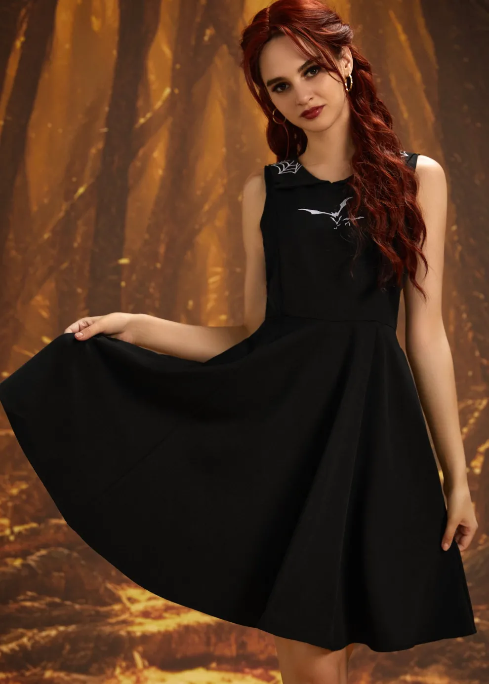 Black Bat Embroidered Swing Dress