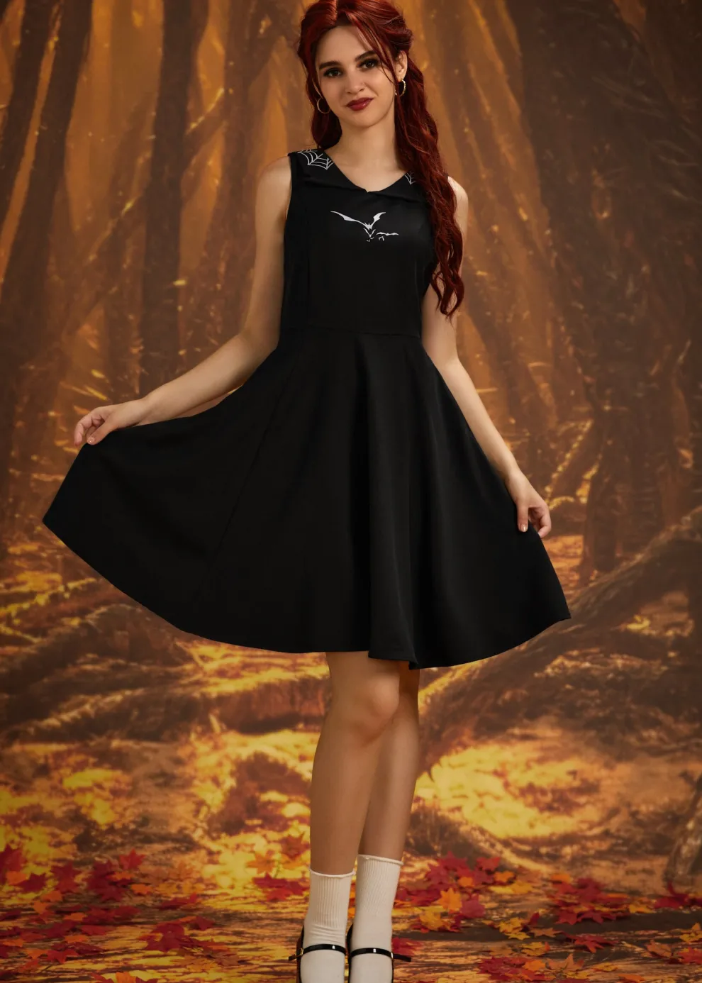 Black Bat Embroidered Swing Dress