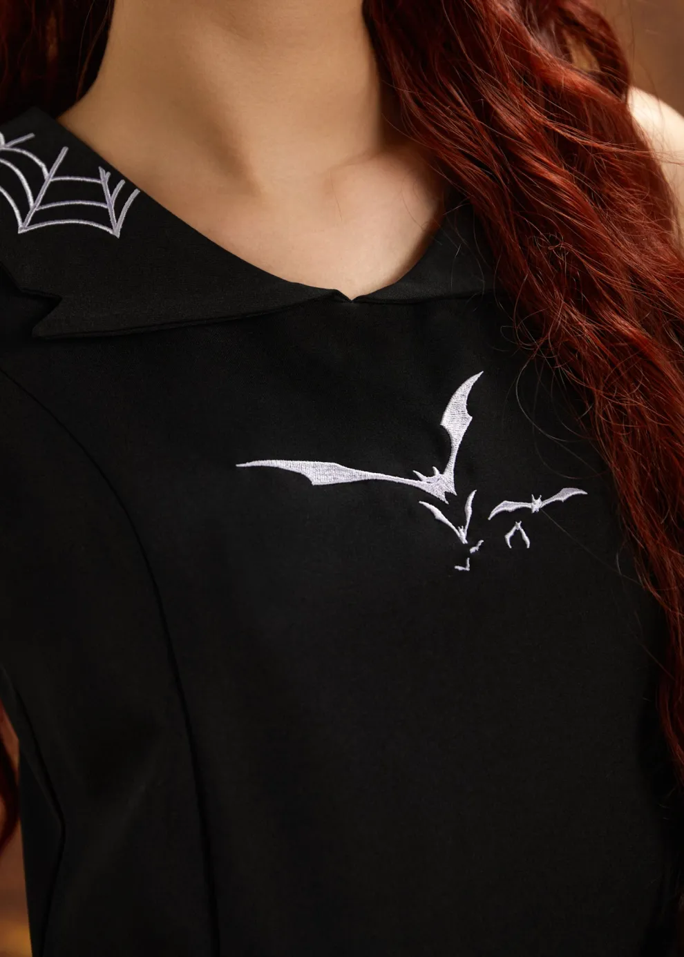 Black Bat Embroidered Swing Dress