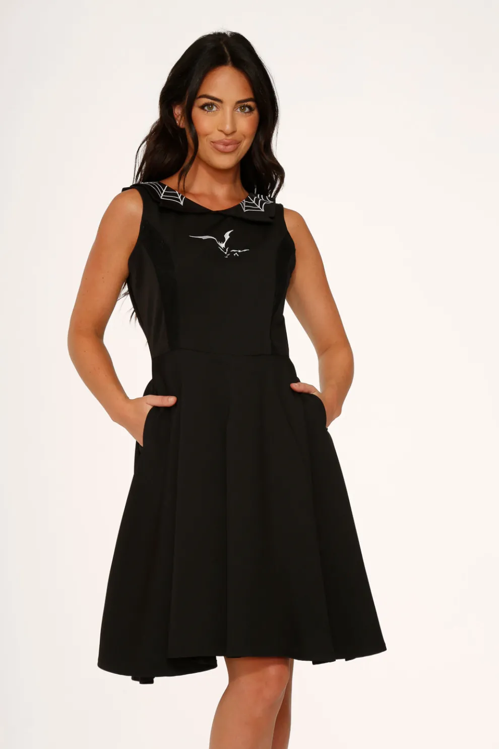 Black Bat Embroidered Swing Dress