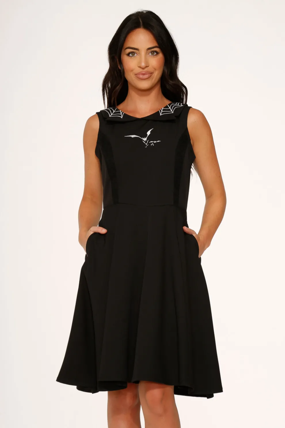 Black Bat Embroidered Swing Dress