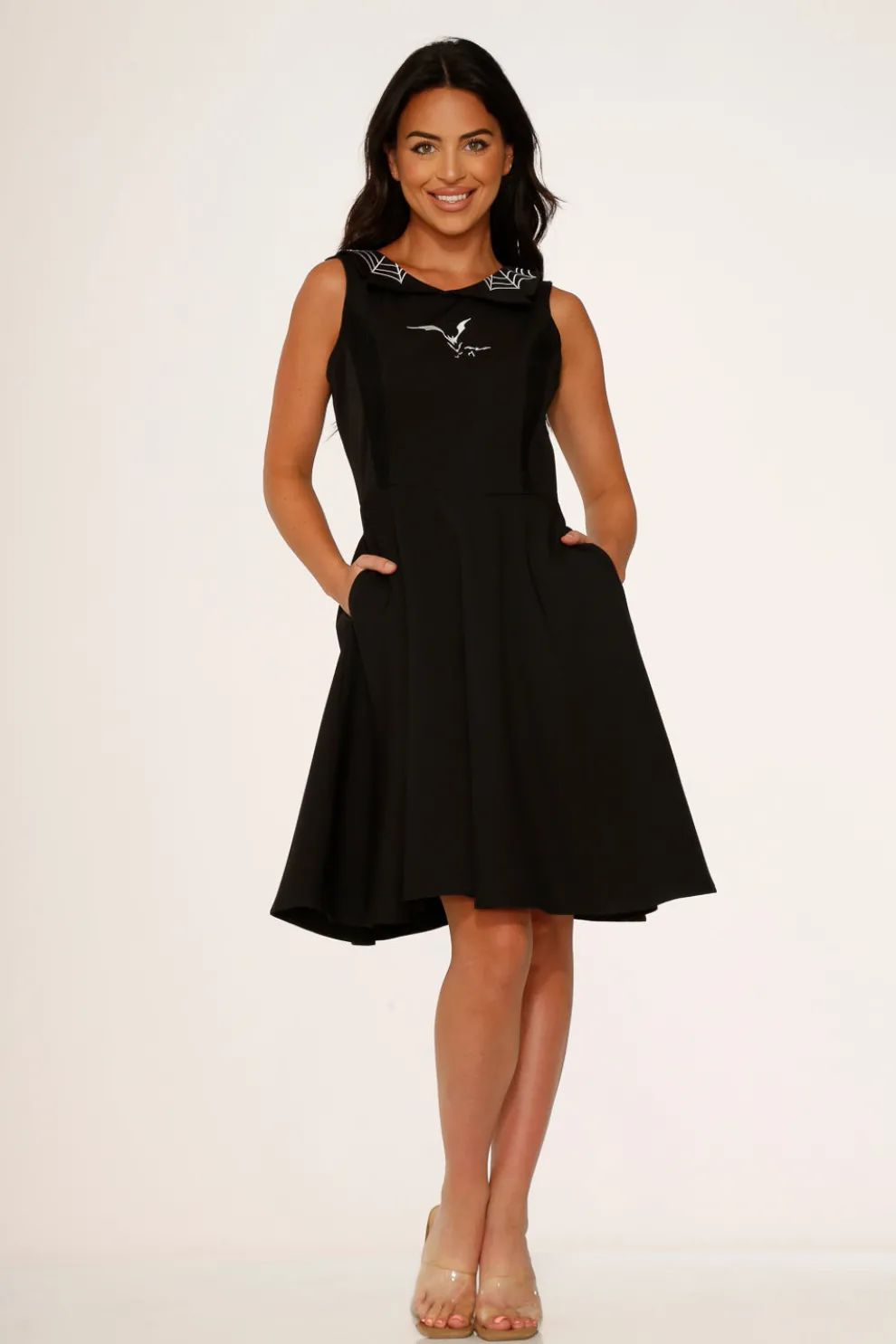 Black Bat Embroidered Swing Dress