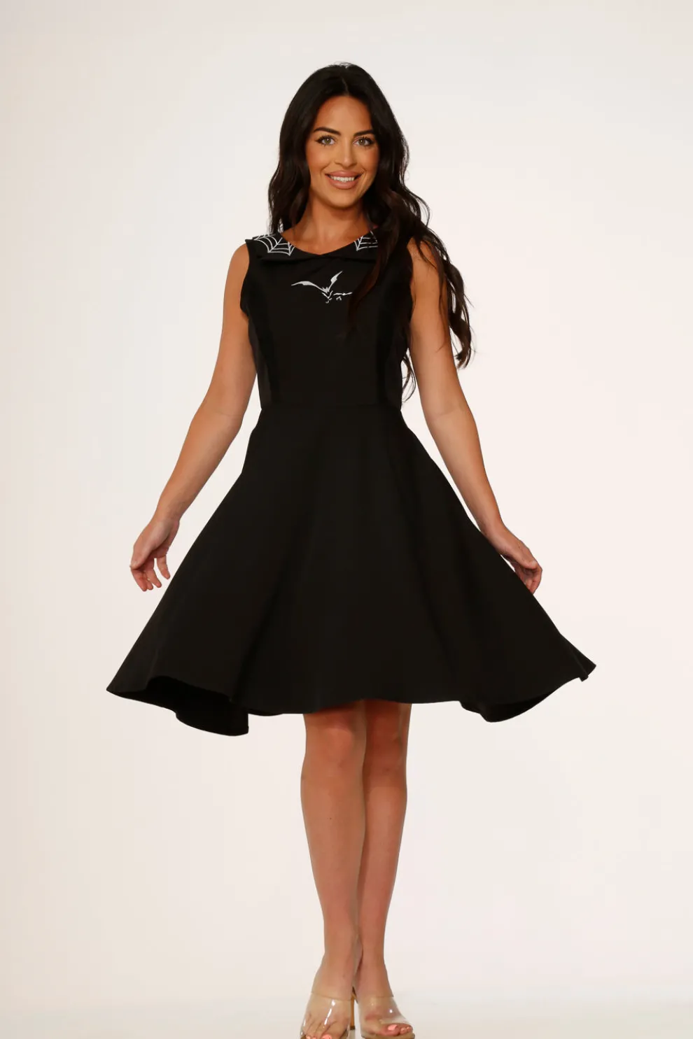 Black Bat Embroidered Swing Dress