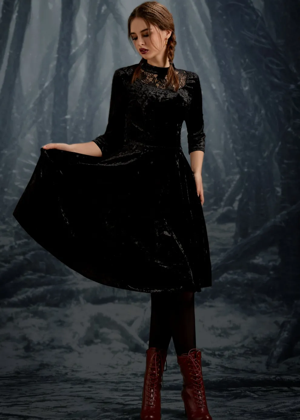 Black Diamond Velvet Swing Dress