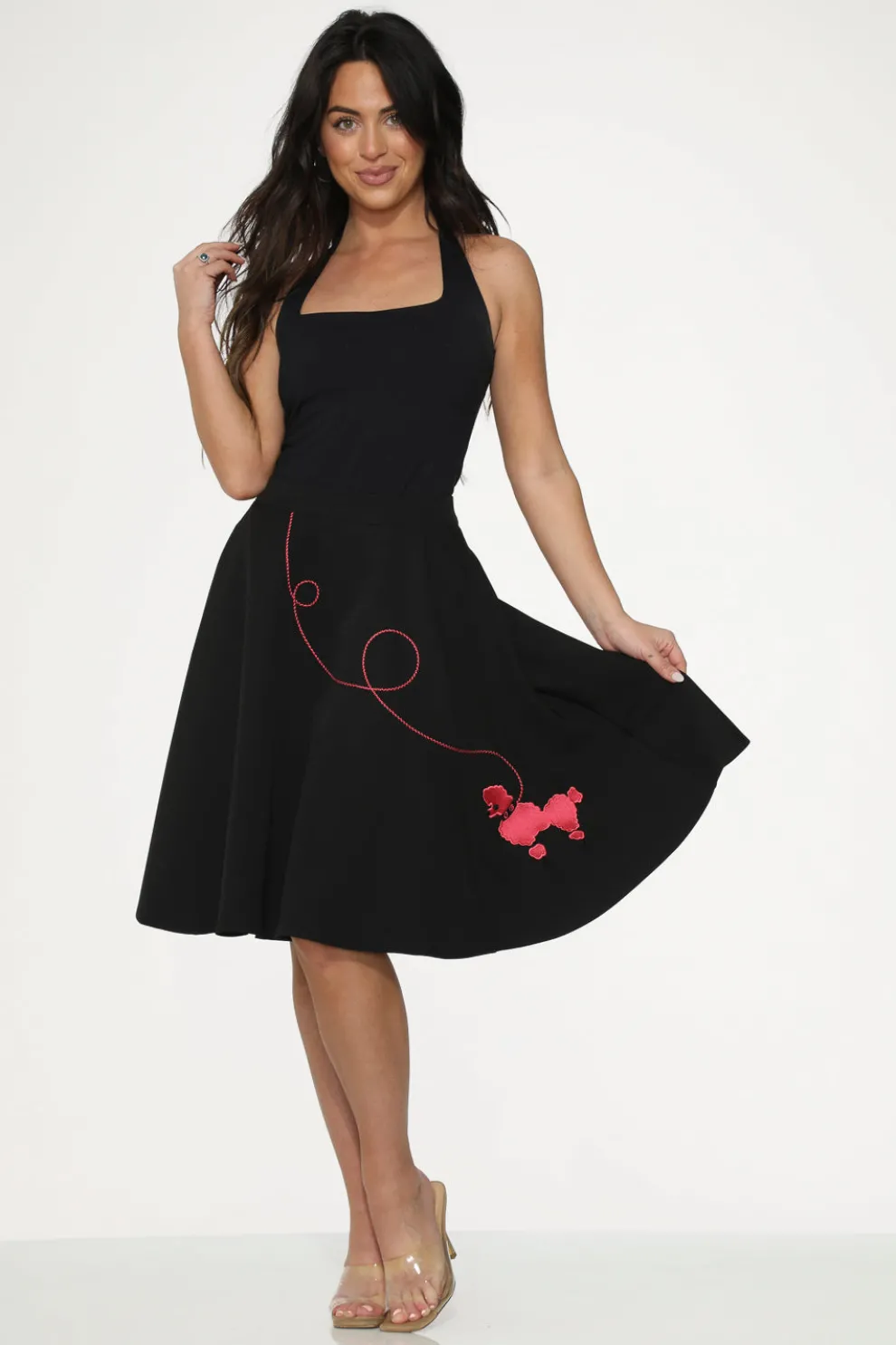 Black Hot Pink Embroidered Poodle Swing Skirt
