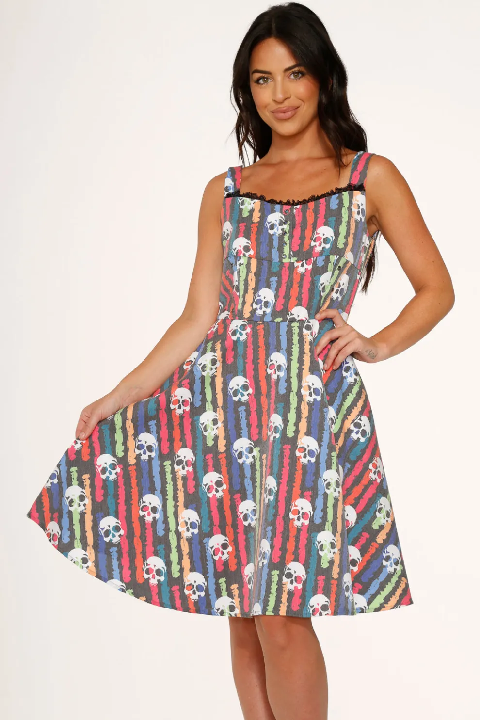 Black Skulls Rainbow Swing Dress