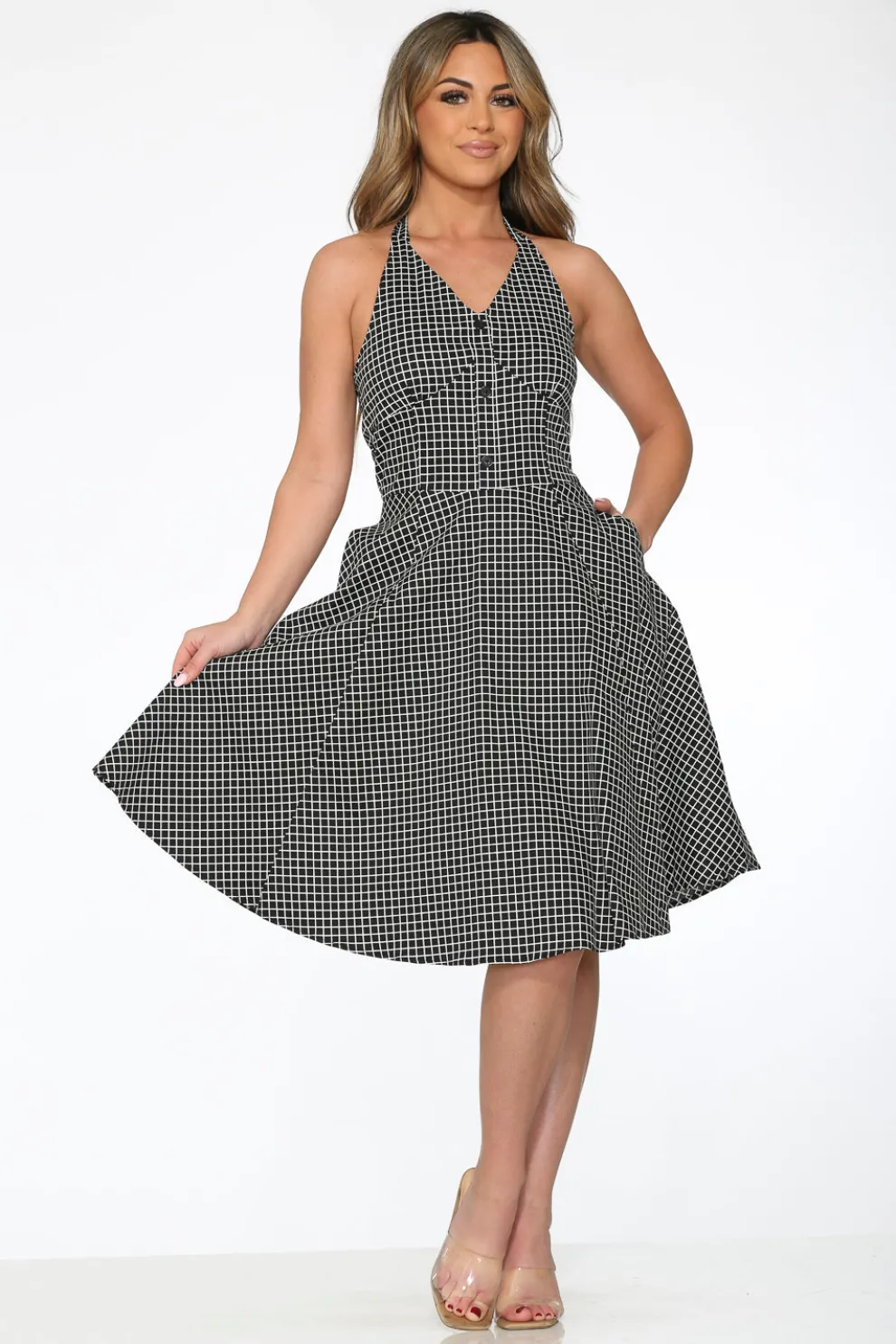 Black White Checkmate Halter Dress