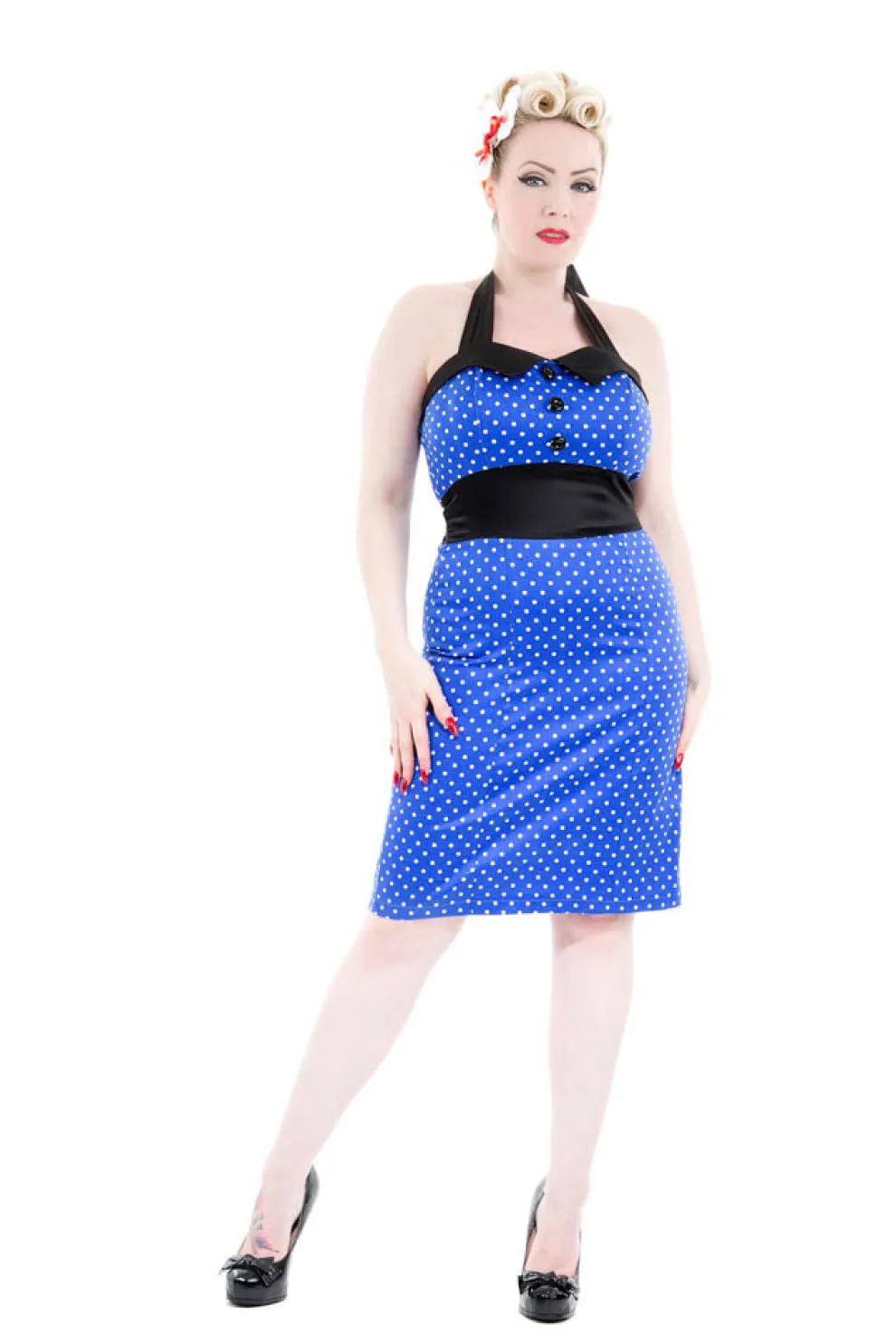 Blue & White Polka Dot Halter Wiggle Dress