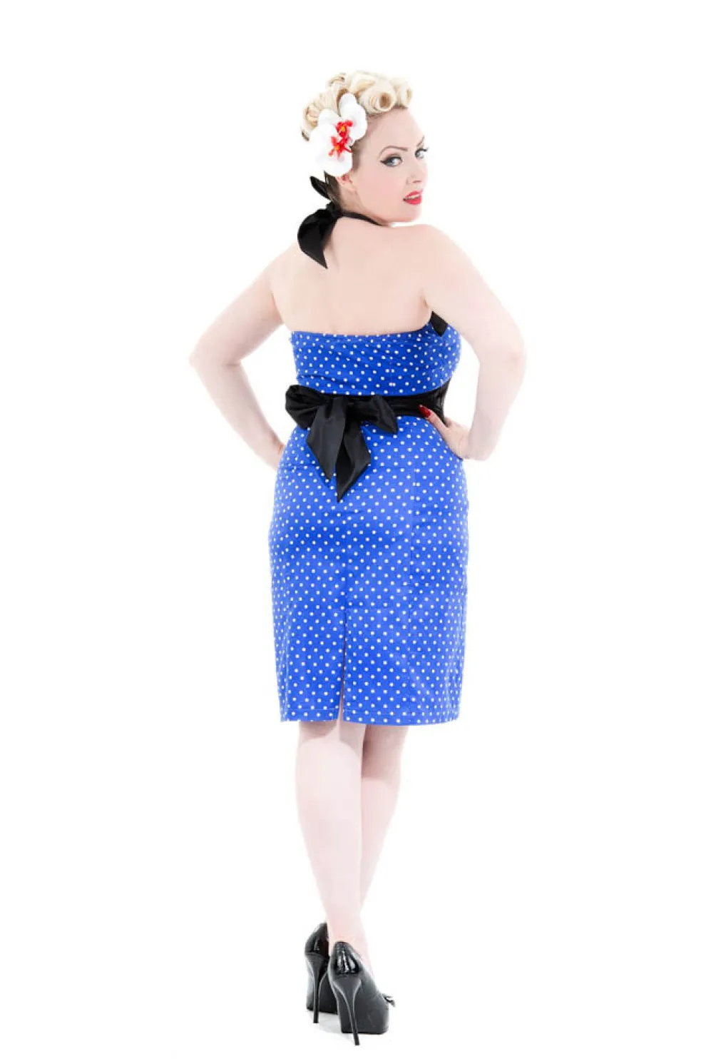 Blue & White Polka Dot Halter Wiggle Dress