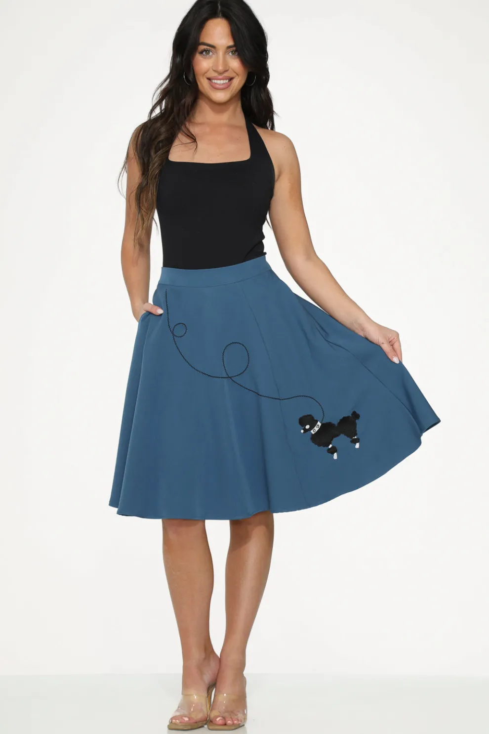 Blue Embroidered Poodle Swing Skirt