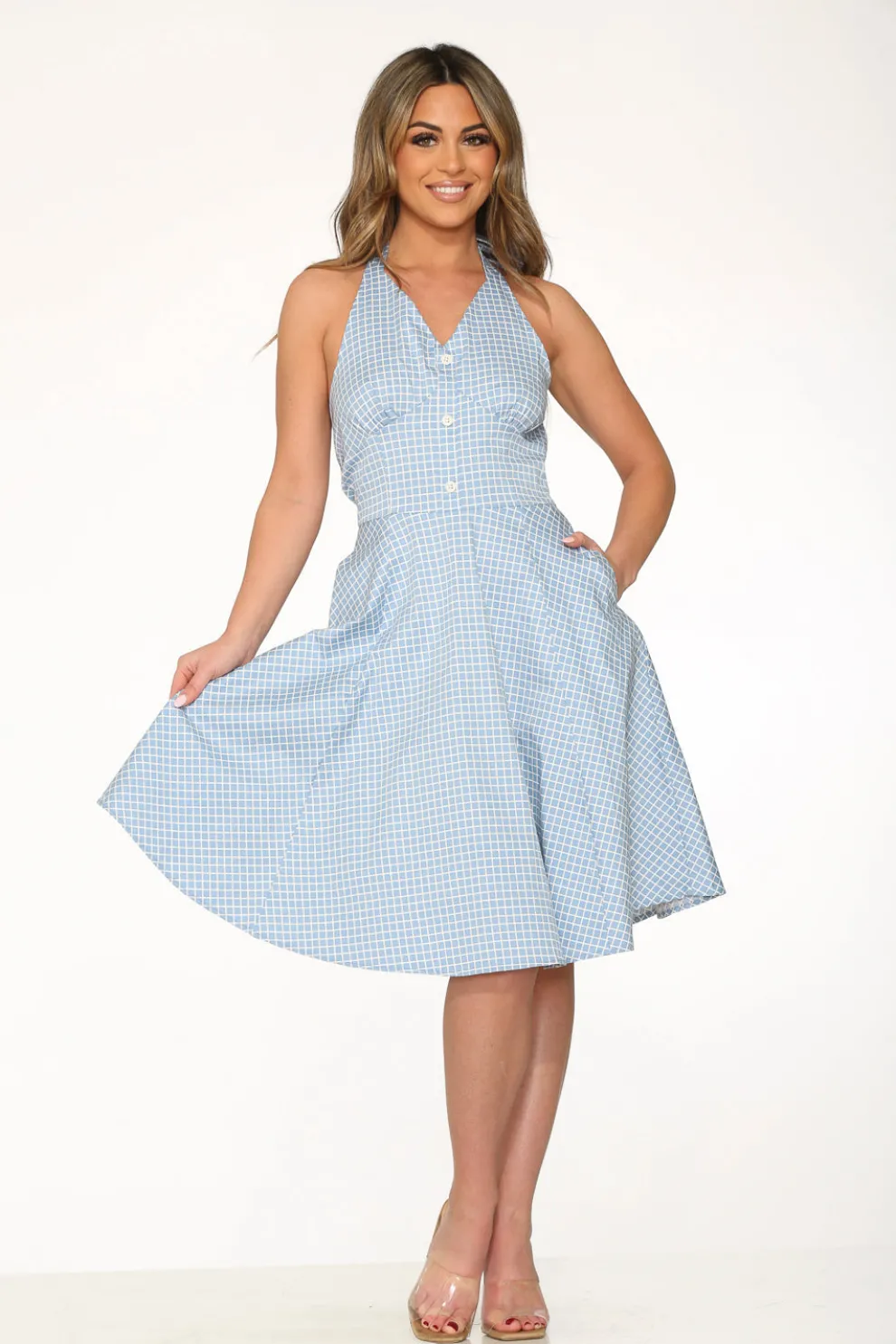 Blue White Checkmate Halter Swing Dress