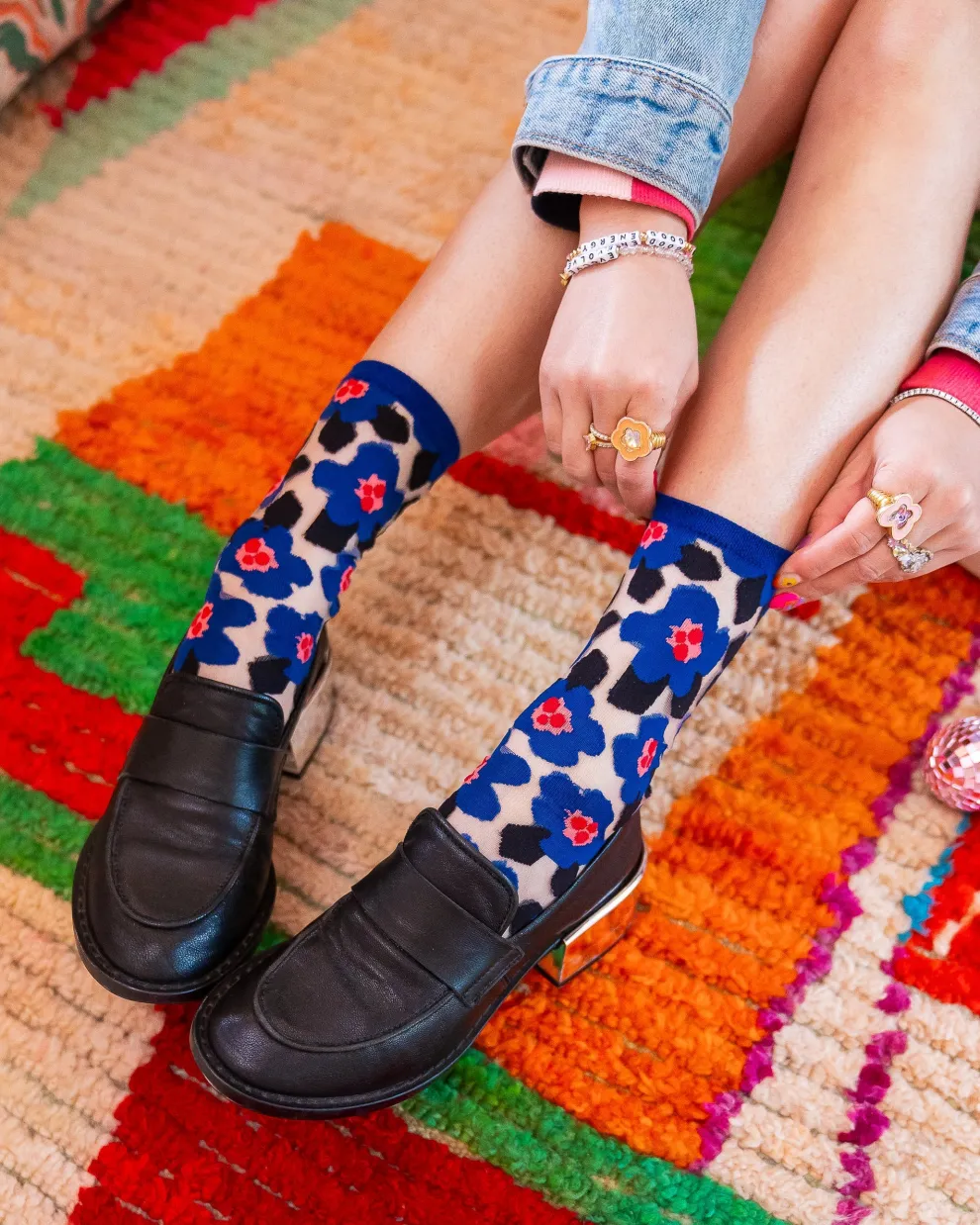 Bold Blue Floral Sheer Crew Sock