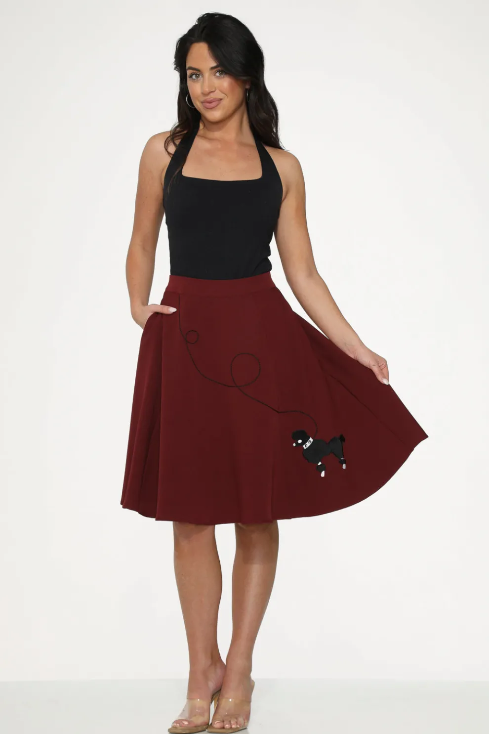 Burgundy Black Embroidered Poodle Swing Skirt