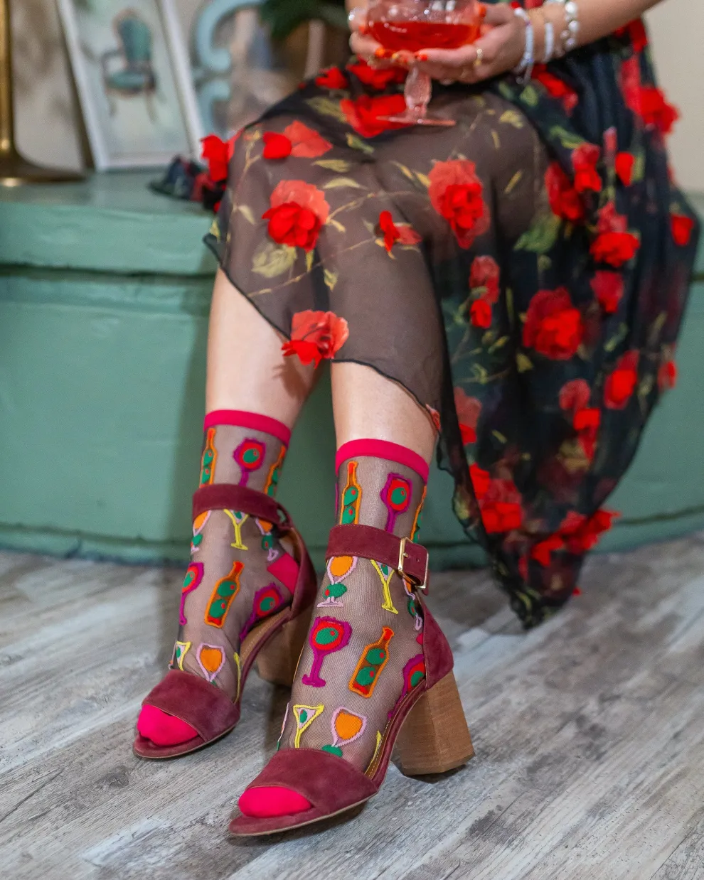 Cocktail Hour Black Sheer Crew Sock