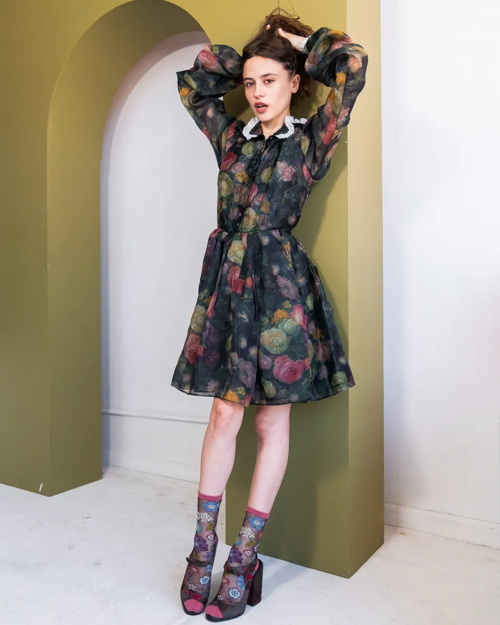 Dark Florals Black Sheer Crew Sock