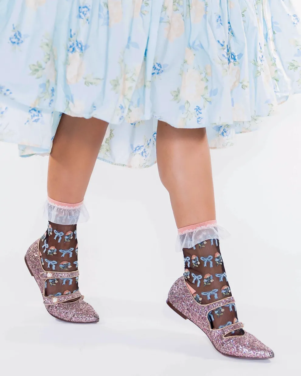 Floral Bow Ruffle Black Sheer Ankle Sock