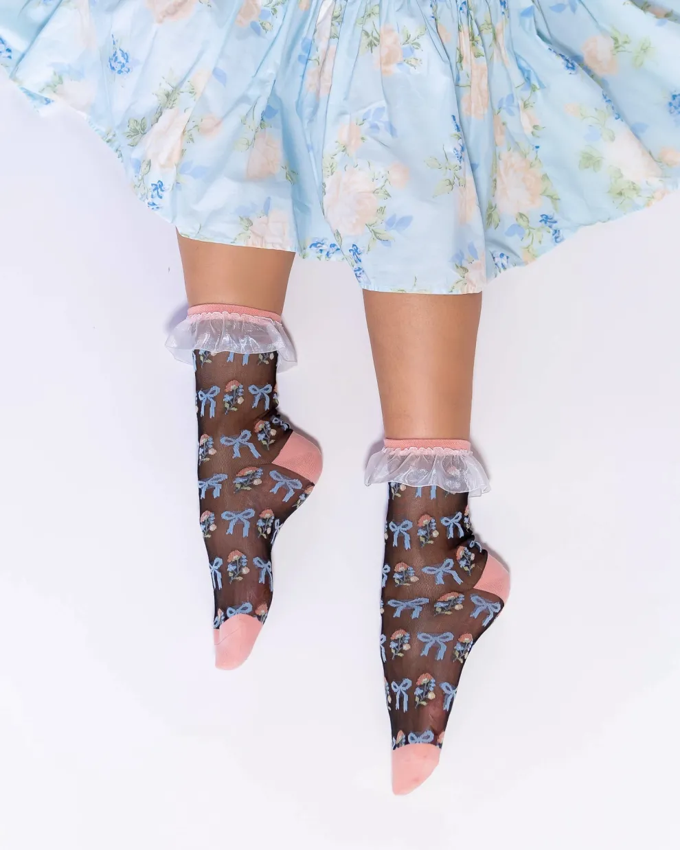 Floral Bow Ruffle Black Sheer Ankle Sock