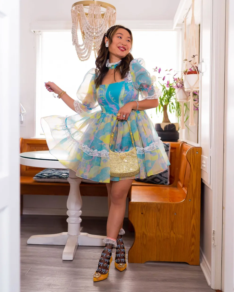 Floral Bow Ruffle Black Sheer Ankle Sock