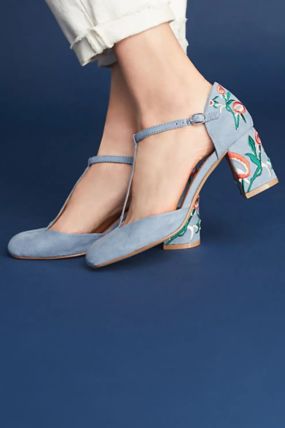 Frenchie T-Strap Embroidered Heels
