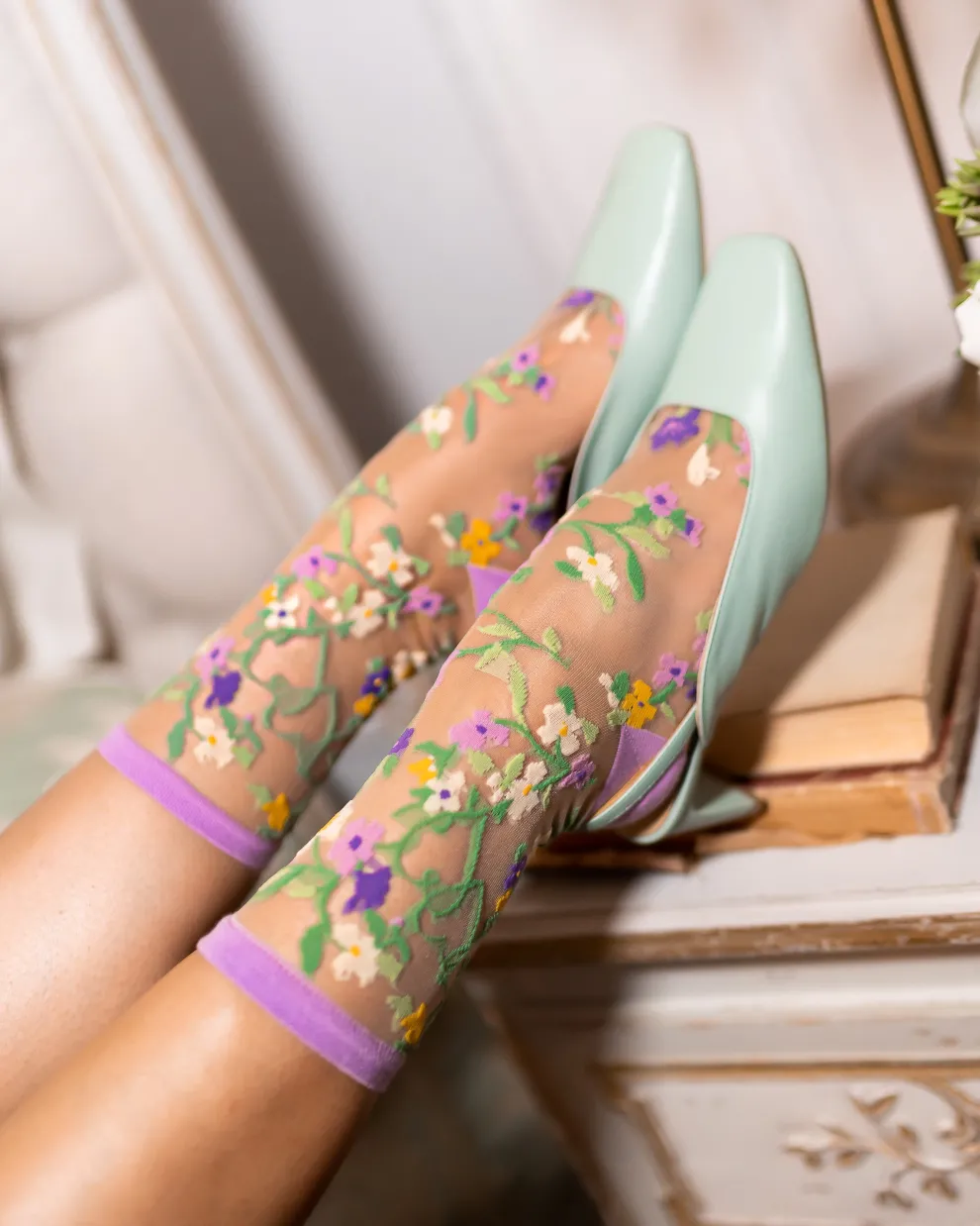 Heart Floral Sheer Crew Sock