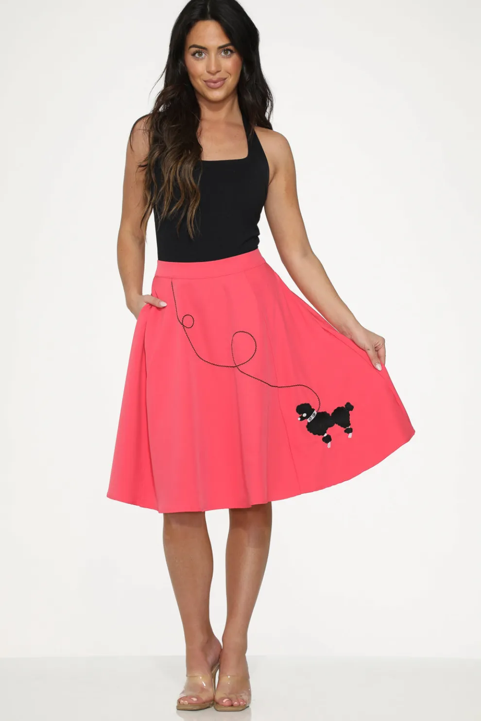 Hot Pink Black Embroidered Poodle Swing Skirt