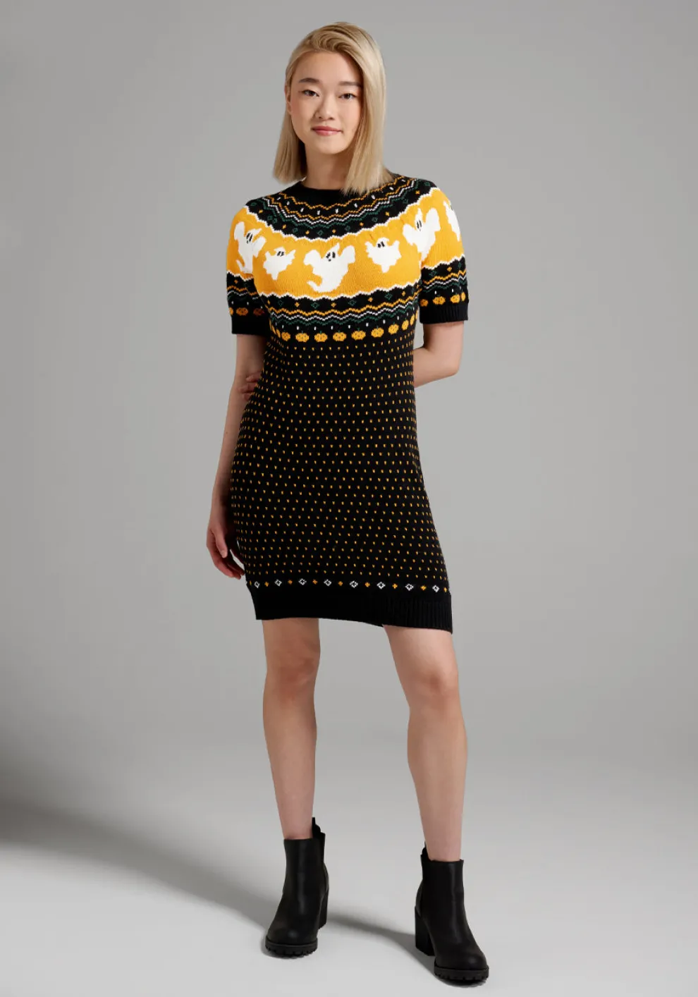 Jump Scare Short Sleeve Fair Isle Sweater Dress