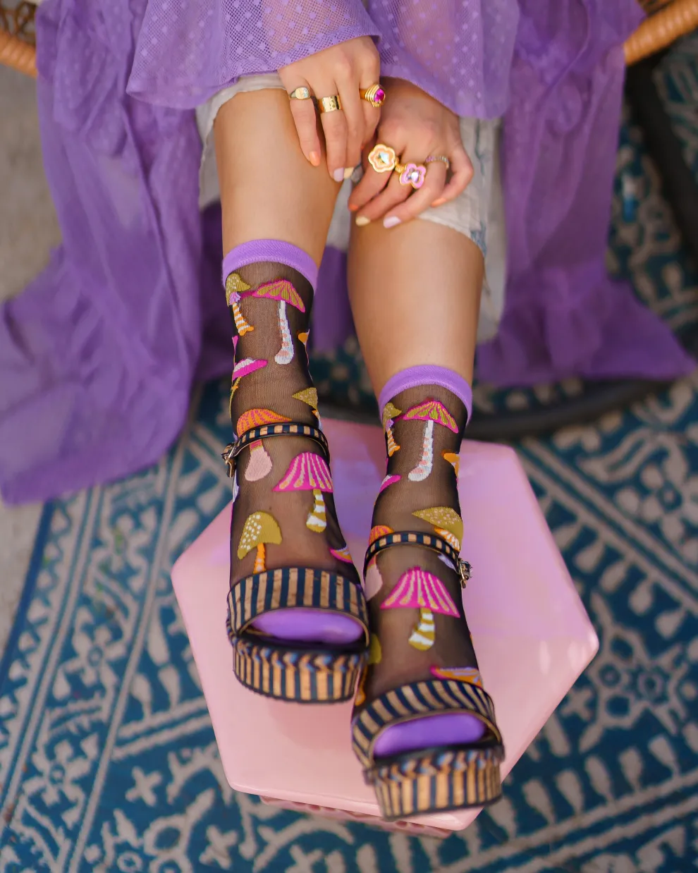 Magic Mushrooms Black Sheer Crew Sock