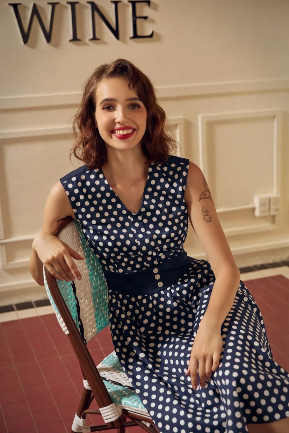 Navy Blue White Polka Dot Swing Dress