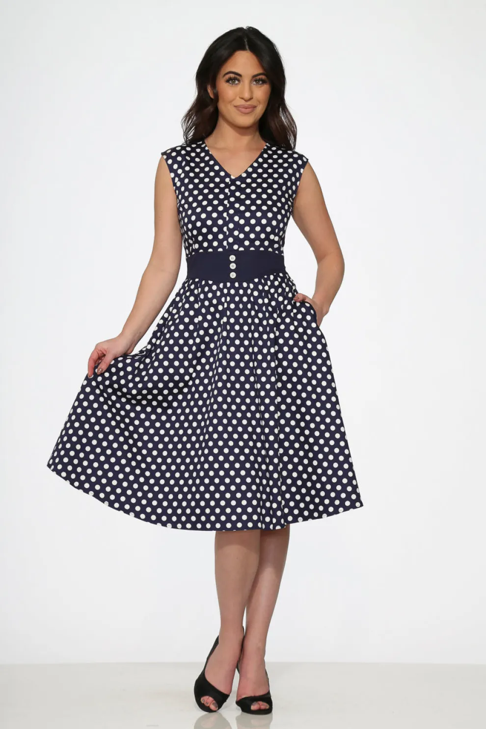 Navy Blue White Polka Dot Swing Dress