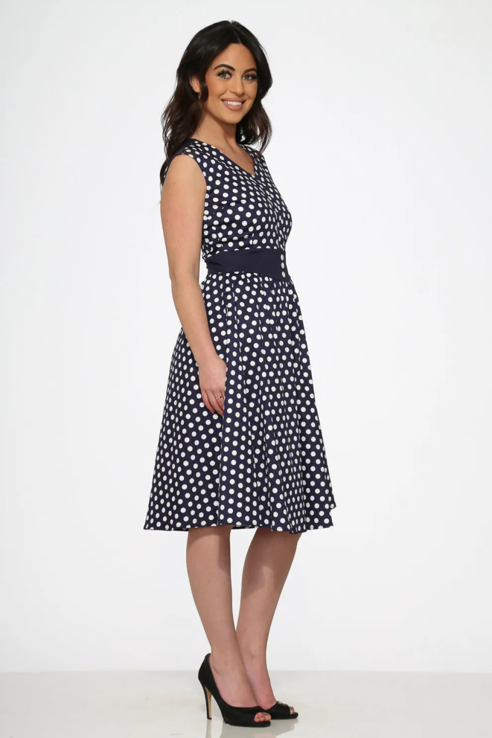 Navy Blue White Polka Dot Swing Dress