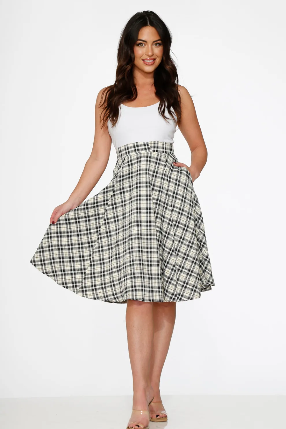 Off White Plaid Swing Skirt