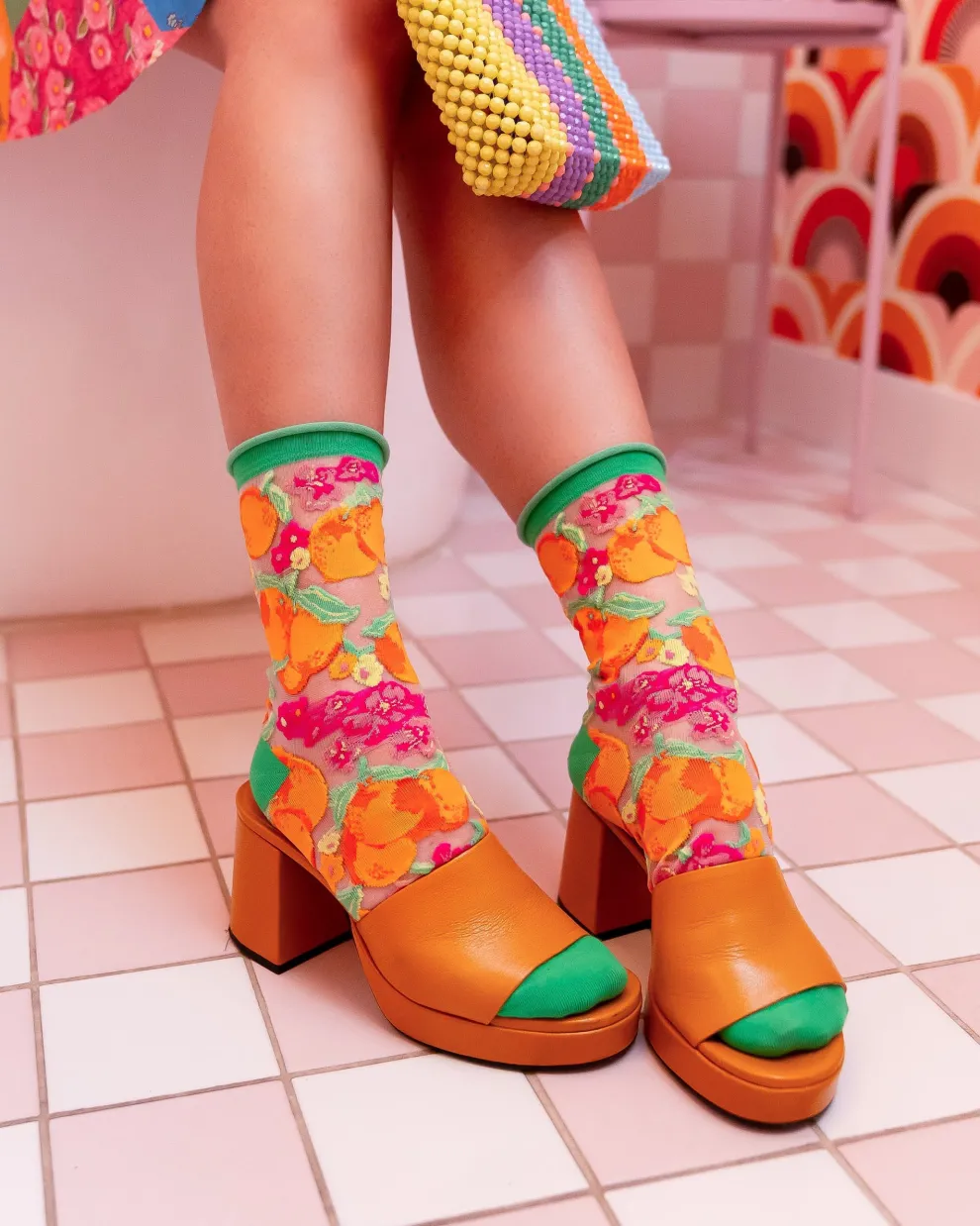 Orange Floral Sheer Crew Sock