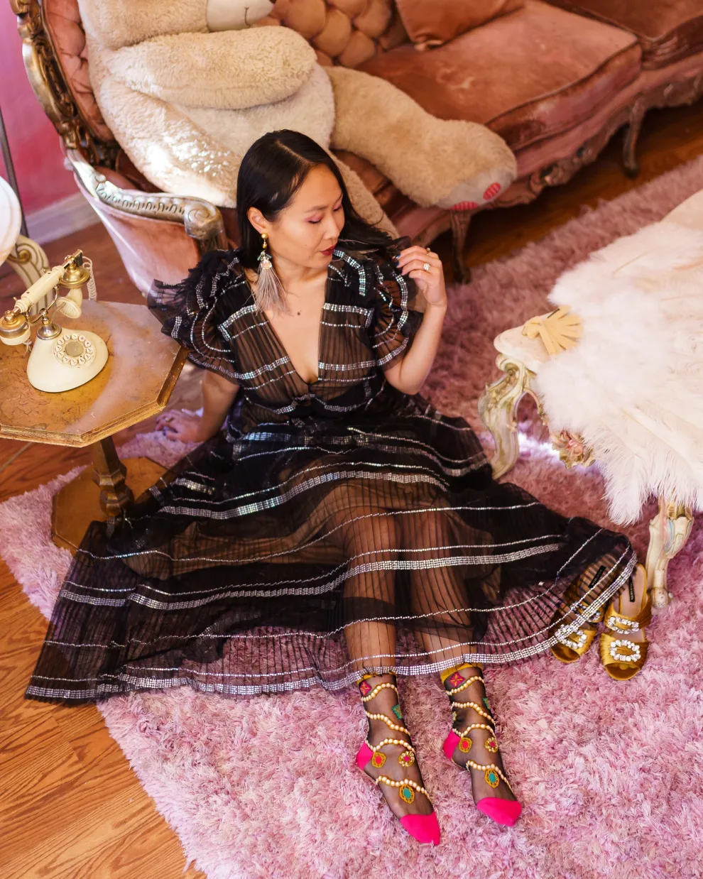 Pearls & Jewels Black Sheer Ankle Sock