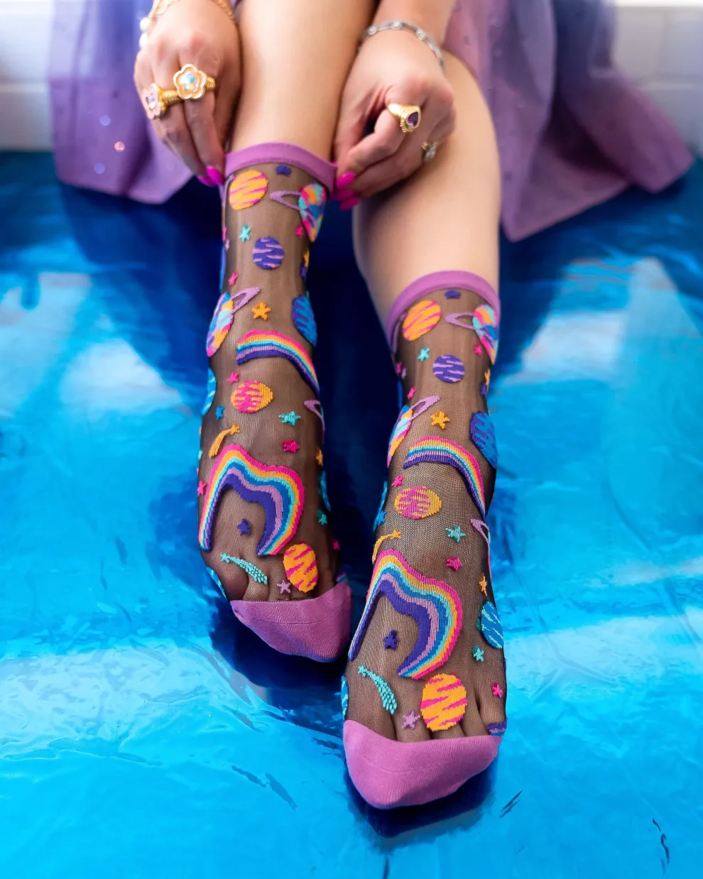 Pop Art Planets Black Sheer Crew Sock