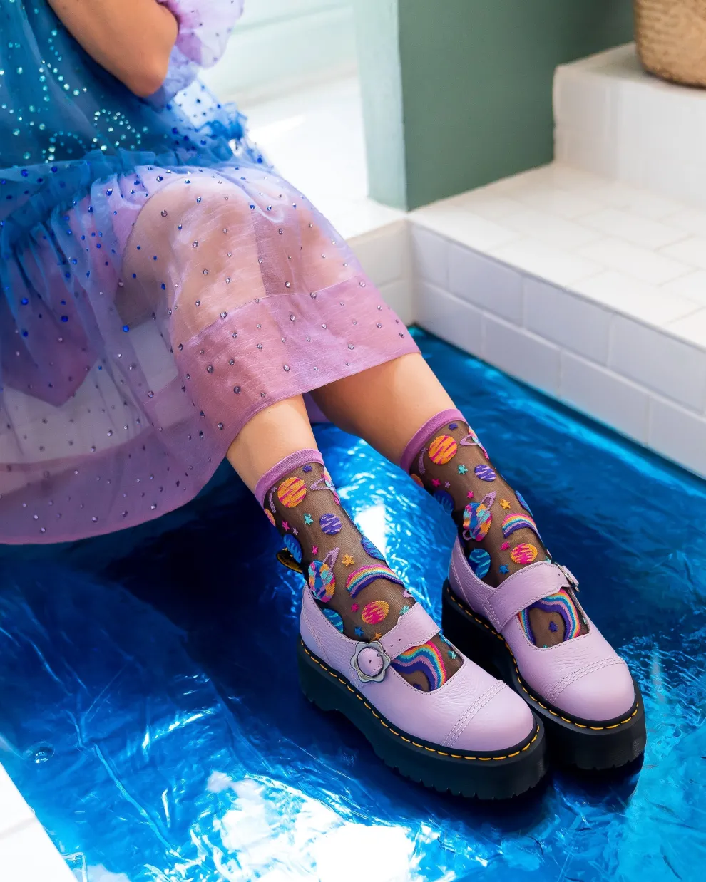 Pop Art Planets Black Sheer Crew Sock