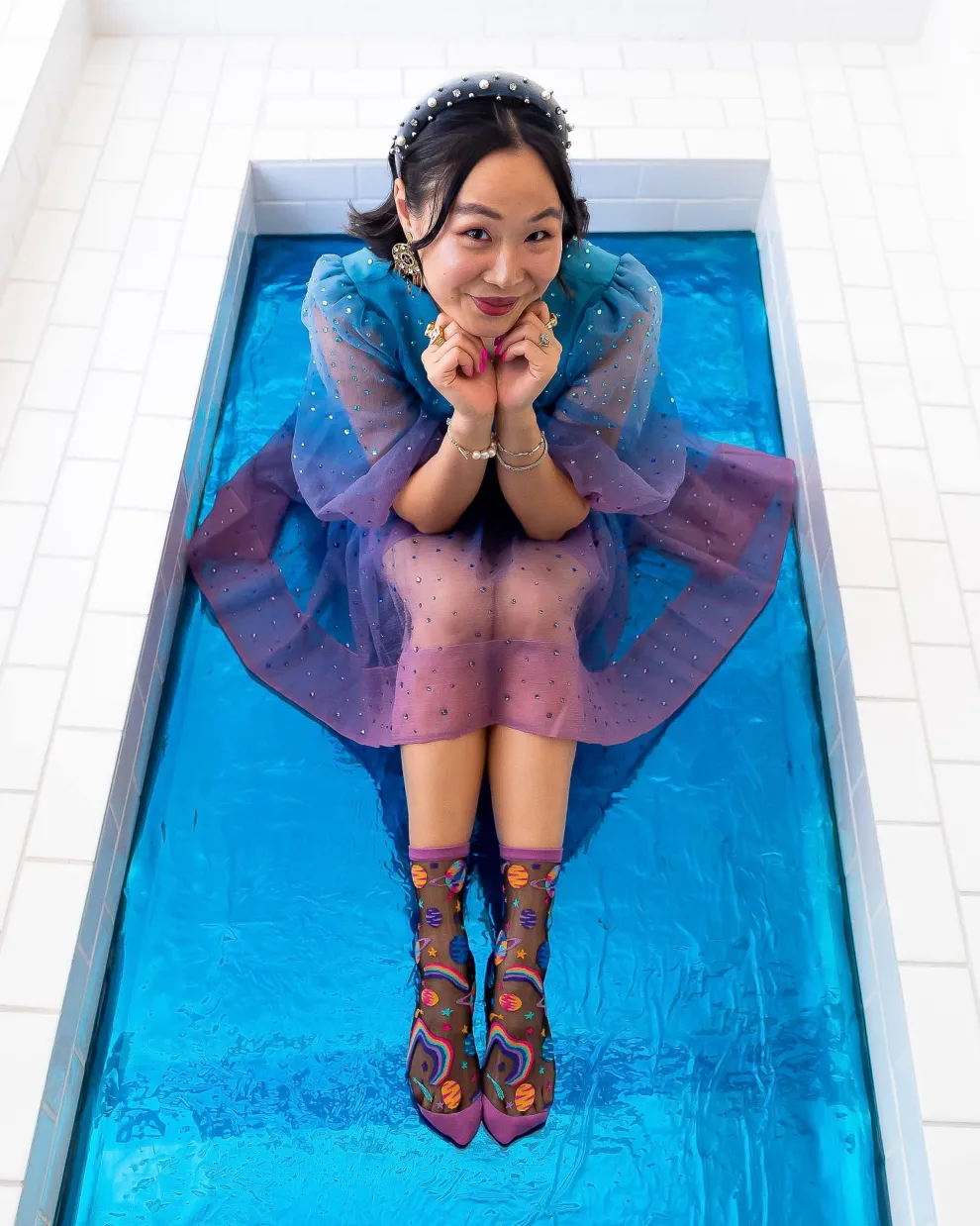 Pop Art Planets Black Sheer Crew Sock