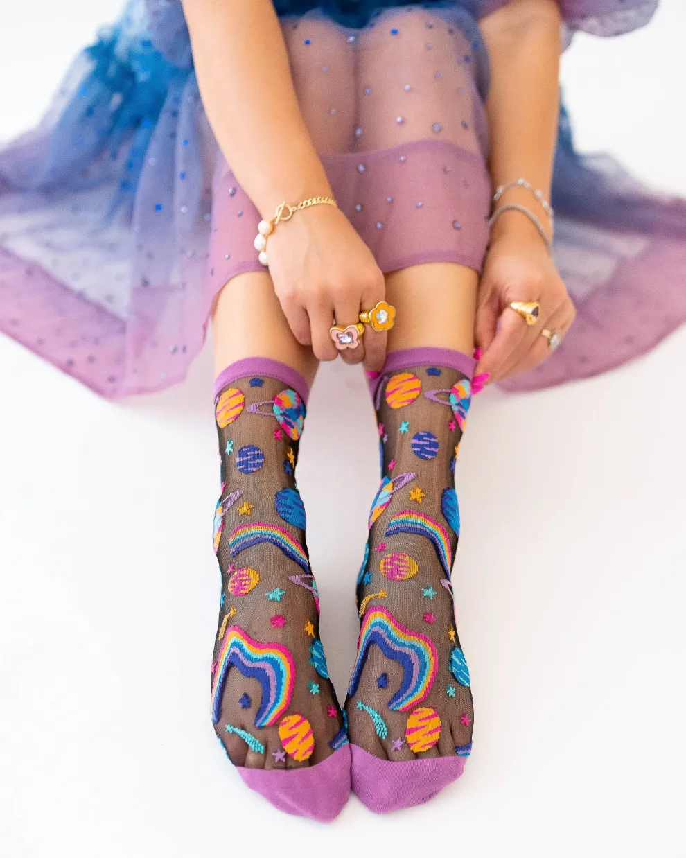 Pop Art Planets Black Sheer Crew Sock