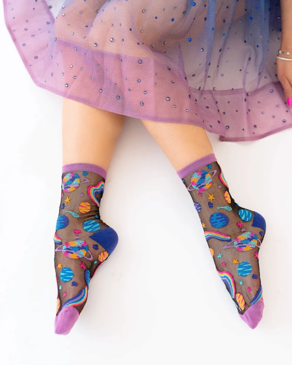 Pop Art Planets Black Sheer Crew Sock