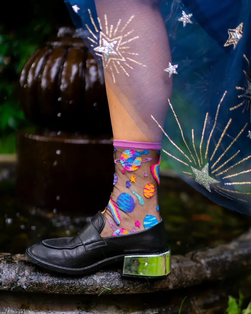 Pop Art Planets Black Sheer Crew Sock